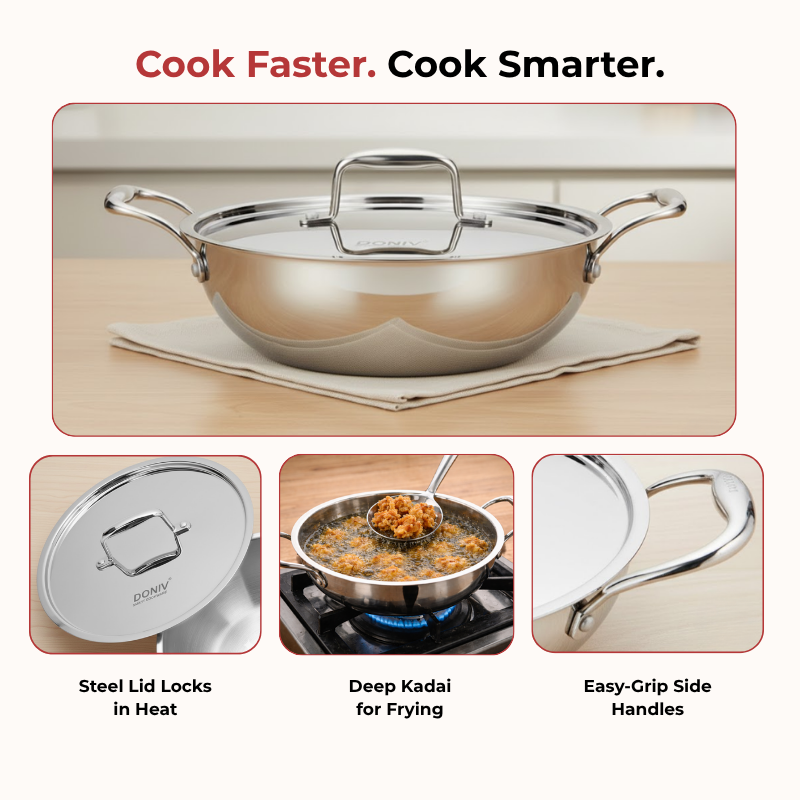 VINOD Doniv Triply Kadai with Lid for Cooking Heavy Bottom 4.4 litres Deep Kadhai Pan with Side Handles, Induction & Gas Stove Compatible, Dishwasher Safe