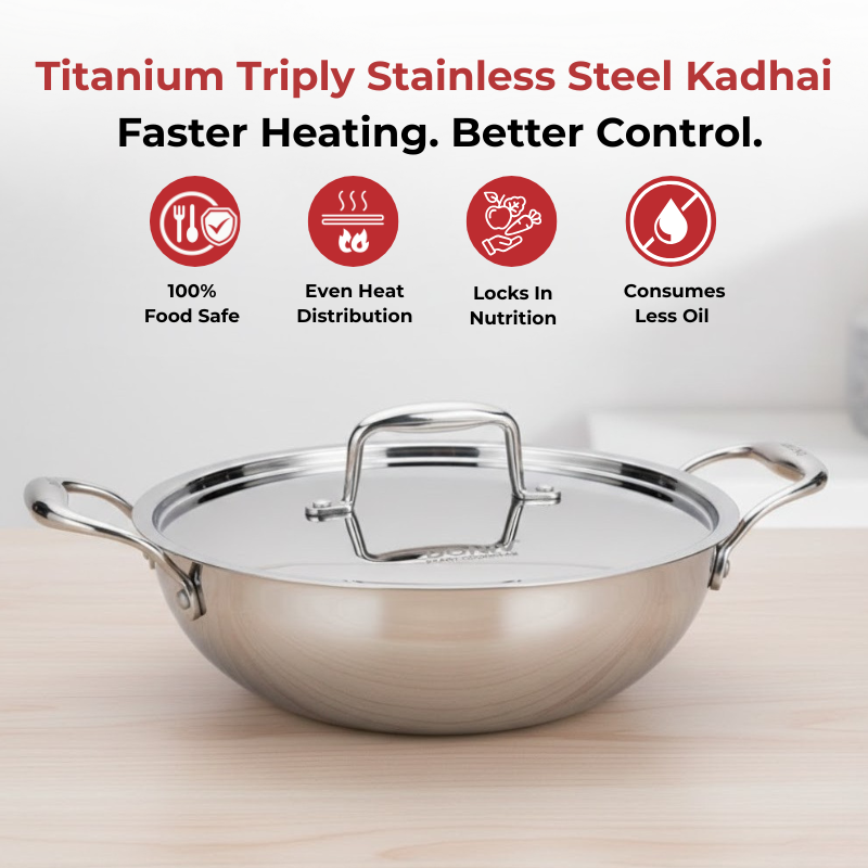 Vinod Doniv Titanium Triply Stainless Steel Kadhai with Cover, angled view