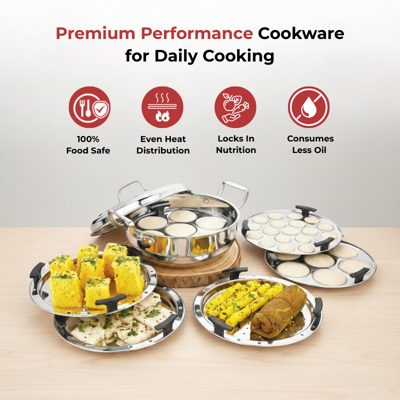Vinod Doniv triply stainless steel idli dhokla steamer kadai with 6 plates, top view