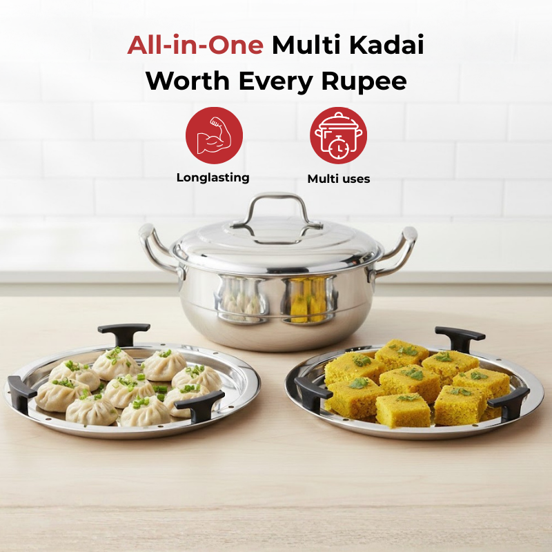 Vinod Doniv triply stainless steel idli dhokla steamer kadai with 6 plates, in-use view
