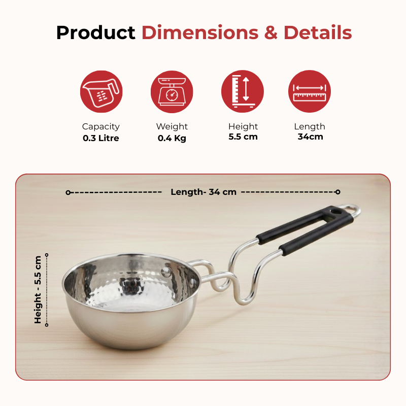 Vinod claro heavy gauge stainless steel hammered tadka pan, 1.5 mm, dimension chart