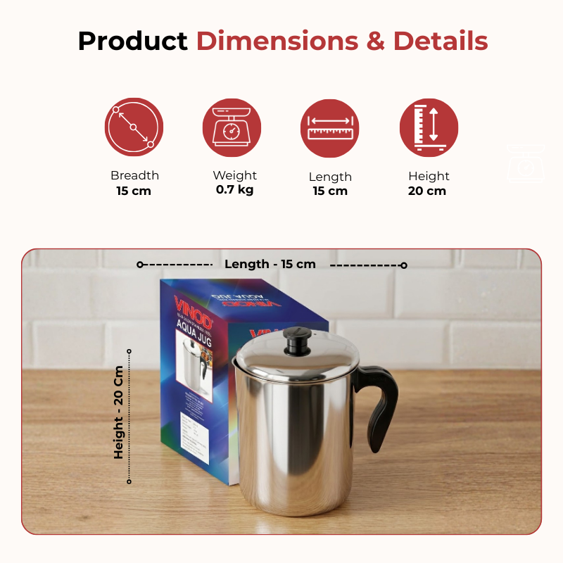 Vinod Stainless Steel Aqua Jug Covered 2200 ml, dimension chart
