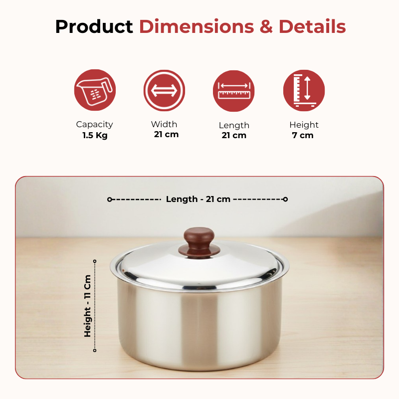 Vinod stainless steel hot pot 1500 ml, dimension chart