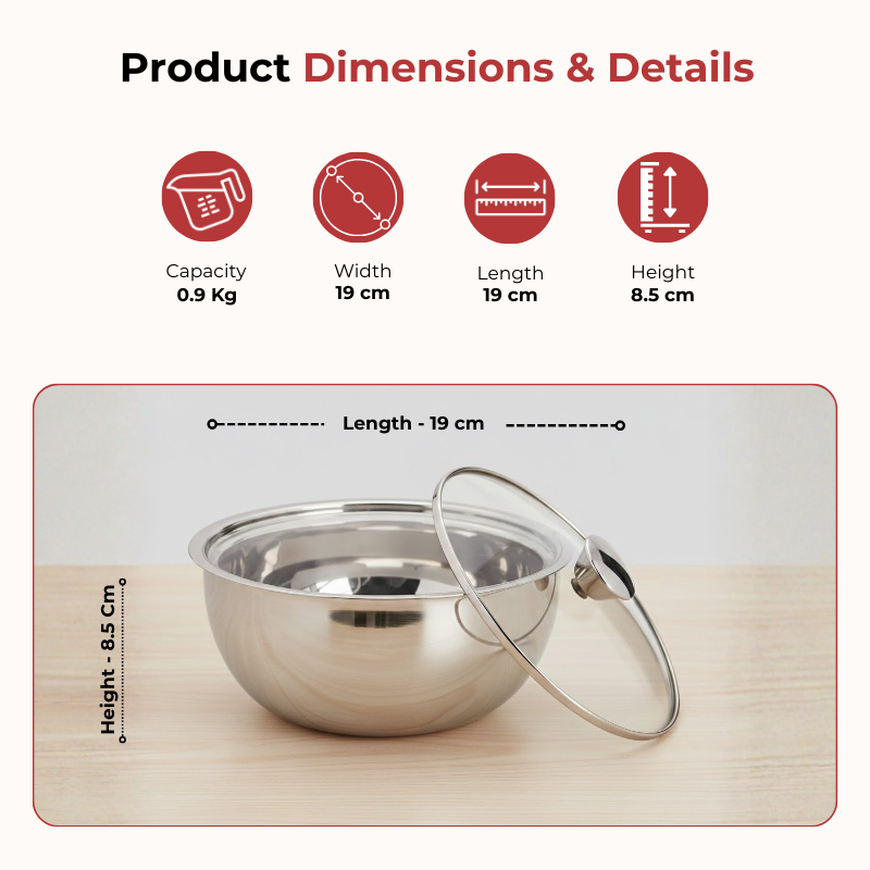 Vinod stainless steel Montero insulated casserole set of 3, 500, 900 and 1500 ml, dimension chart for the second size