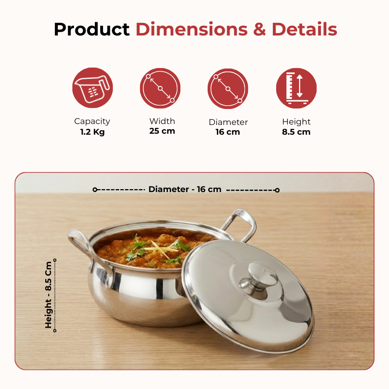 Vinod stainless steel milano serving casserole with steel lid & side handle, set of 2, 1230 ml & 1630 ml, dimension chart