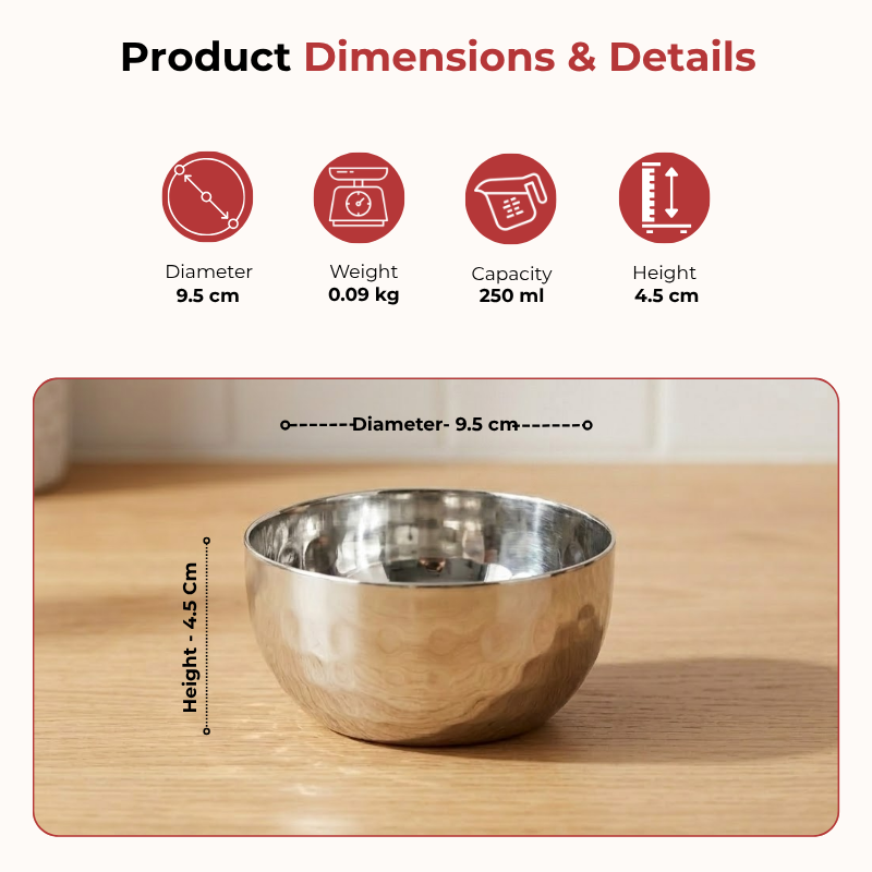 Vinod Royal hammered stainless steel bowl set of 6 pieces, 250 ml, No. 5.5, dimension chart