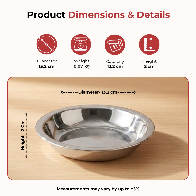 Vinod stainless steel round beeding halwa dessert plate set of 12 pieces, 13.2 cm, dimension chart