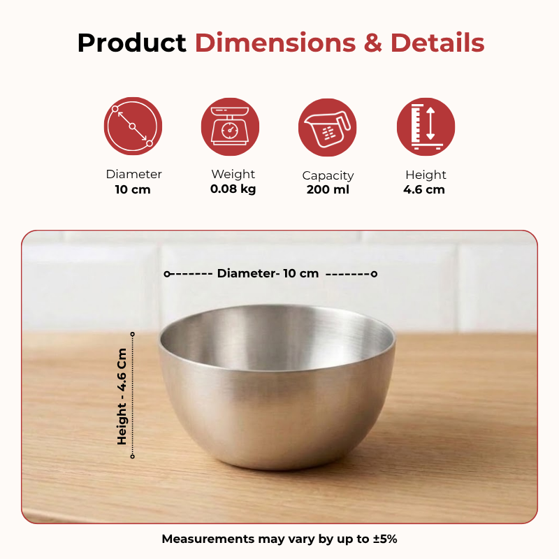 Vinod stainless steel two tone bowl set of 6 pieces, 200 ml, dimension chart