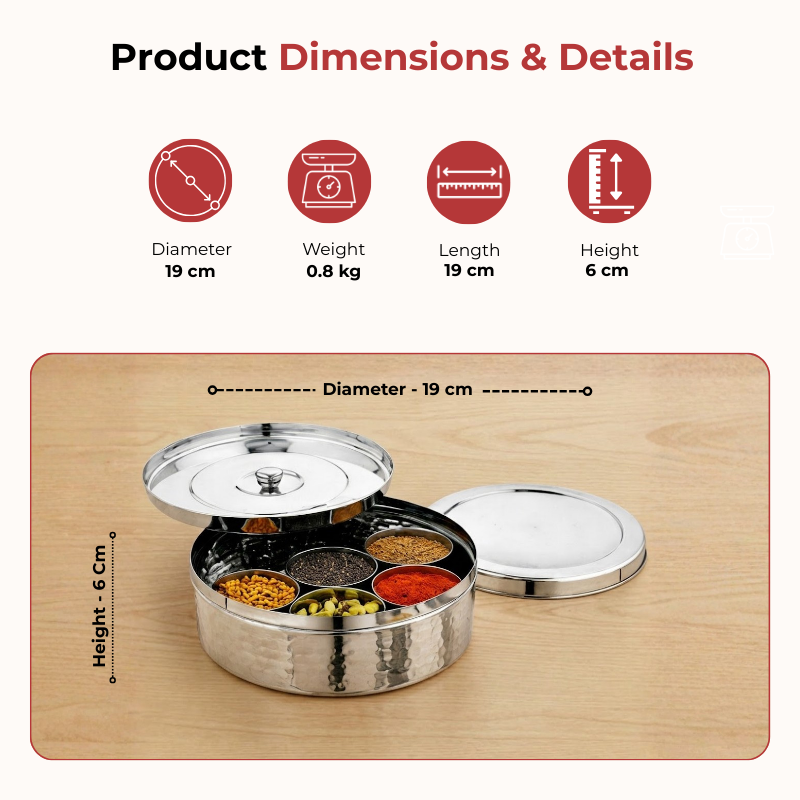 Vinod hammered stainless steel masala dabba spice box with 7 containers and spoon, No. 11, dimension chart