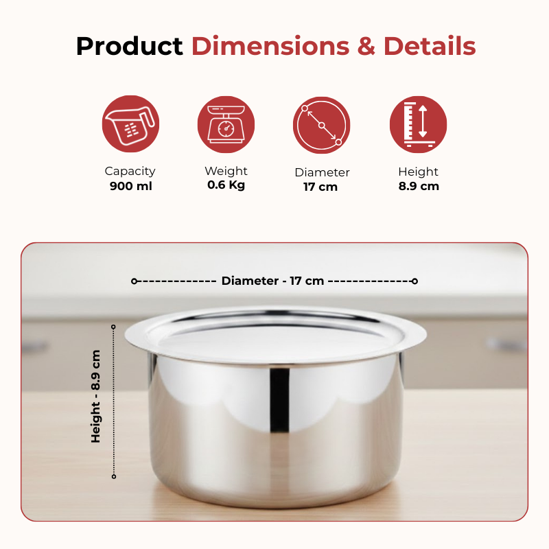 Vinod Doniv Titanium Triply Stainless Steel Tope with Cover 14 cms, 900 ml Capacity, dimension chart