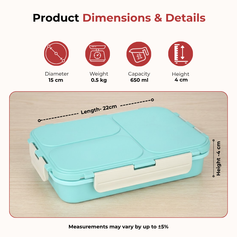Vinod stainless steel 3 compartment tiffin in blue, silicone-sealed airtight lid, dimension chart