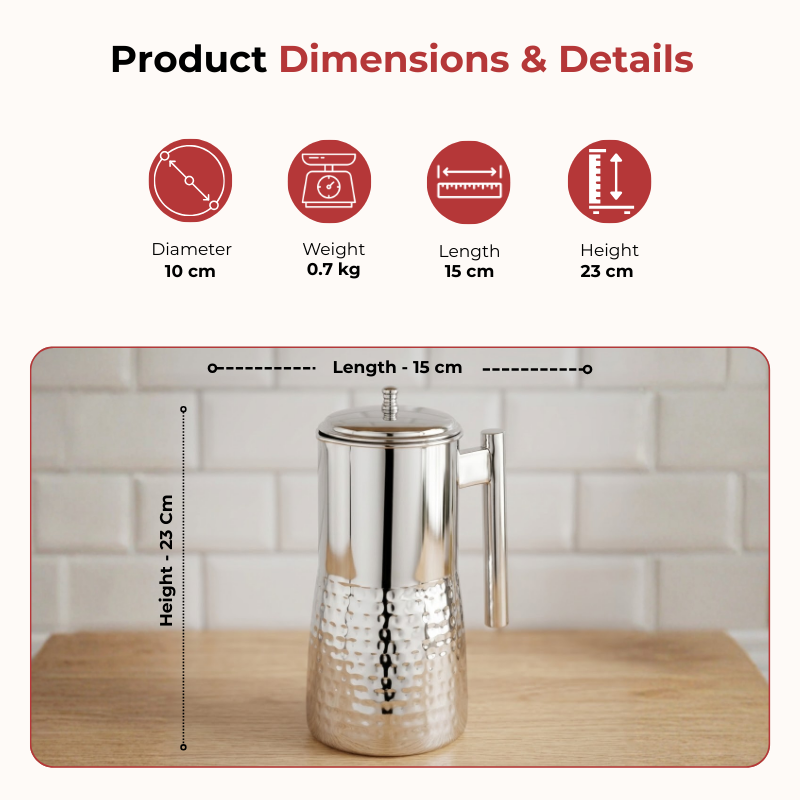 Vinod hammered stainless steel Magnum water pitcher jug with cover, 1700 ml, dimension chart
