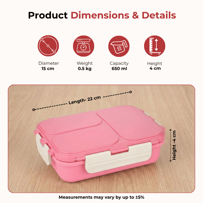Vinod stainless steel 3 compartment tiffin in pink, silicone-sealed airtight lid, dimension chart