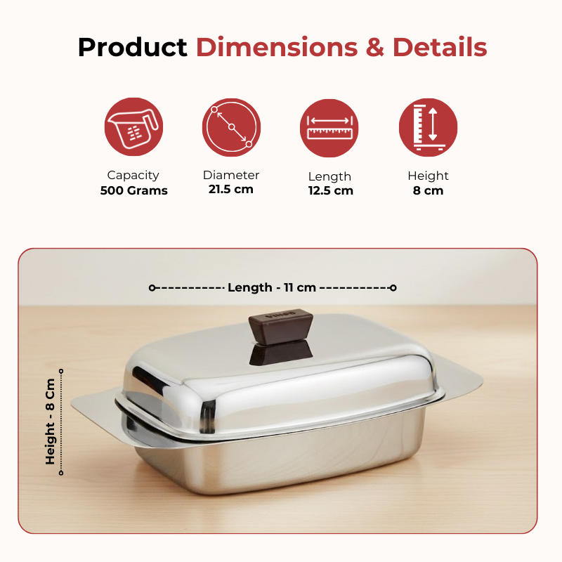 Vinod Stainless Steel Butter Dish With Butter Knife & Lid, dimension chart