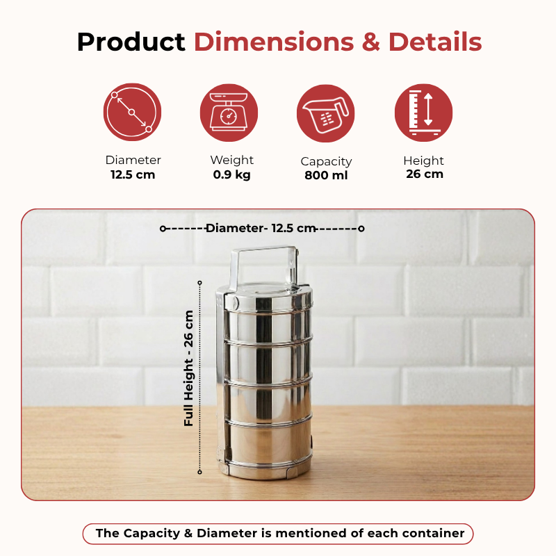 Vinod Bombay stainless steel tiffin 4 compartment, 10 inch, dimension chart