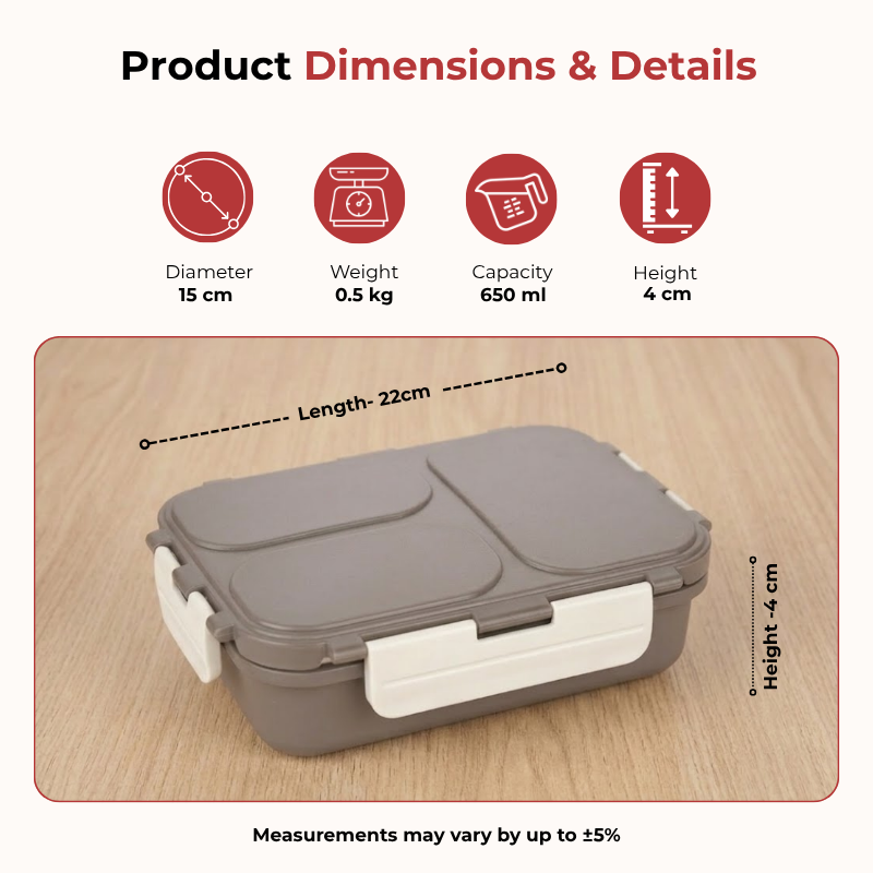 Vinod stainless steel 3 compartment tiffin in grey, silicone-sealed airtight lid, dimension chart