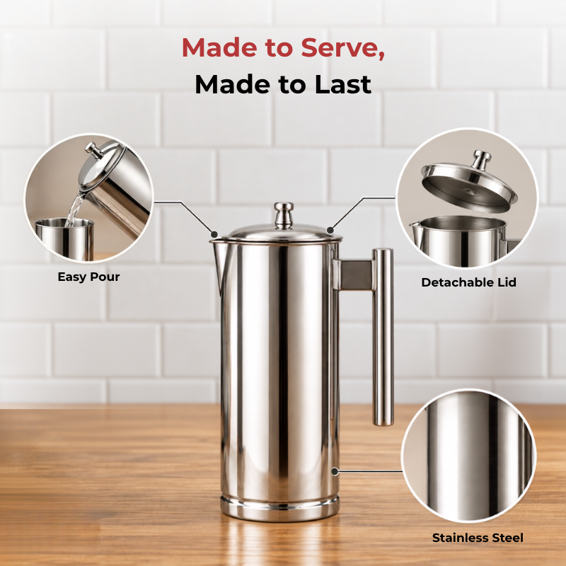 VINOD Dolphin Stainless Steel Water Jug with Detachable Lid – Steel Serving Jug for Home & Dining Table