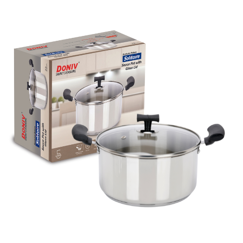 VINOD - DONIV Stainless Steel Sandwich Bottom Solitaire Sauce Pot with Glass Lid & Side handle, Induction Friendly