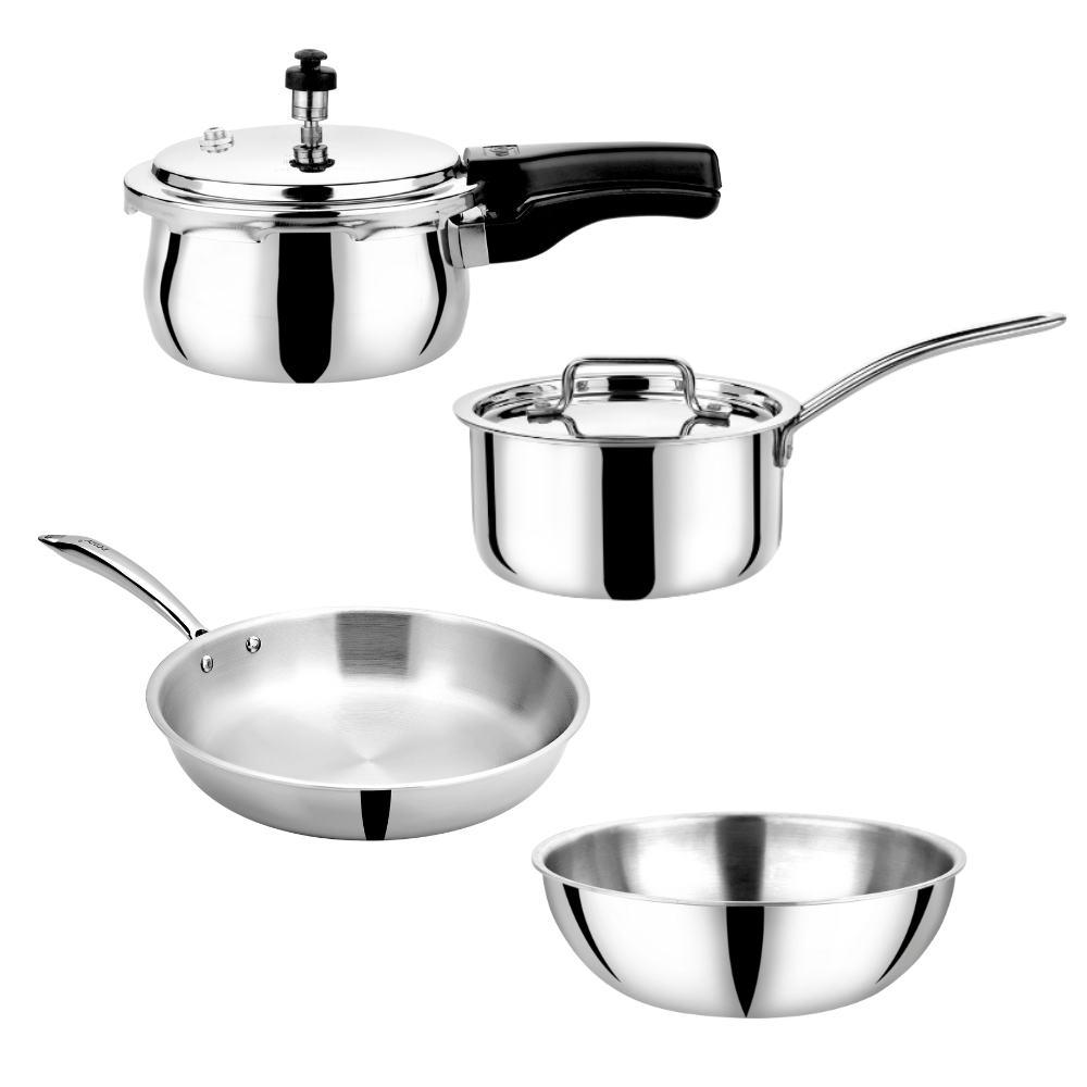 Vinod Doniv Titanium Triply stainless steel 4 piece small cookware set, triply bonded base detail