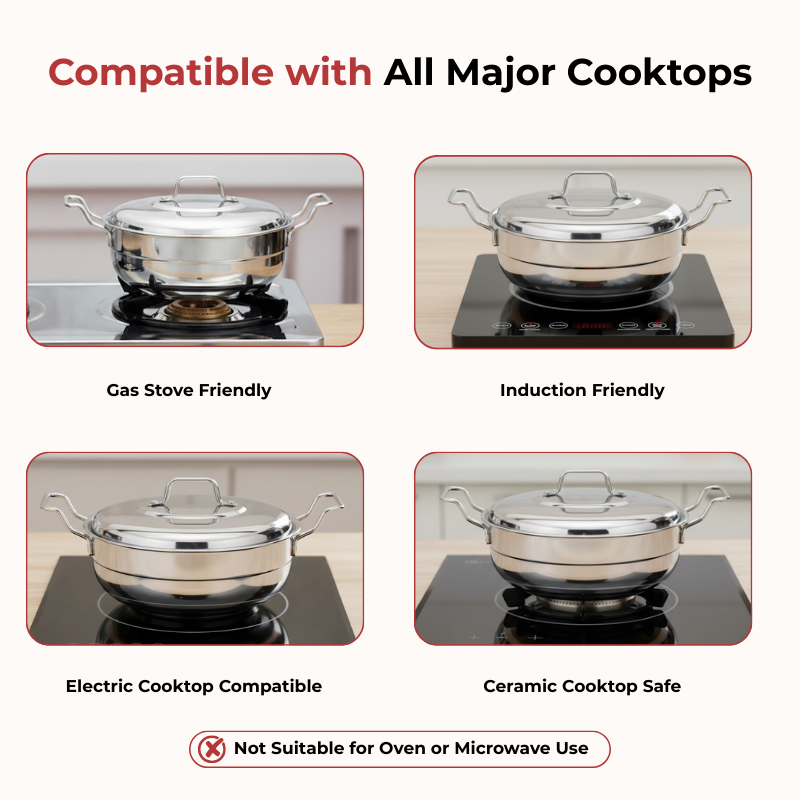 Vinod Doniv stainless steel induction bottom multi kadhai with 5 cooking plates, cooktop compatibility chart