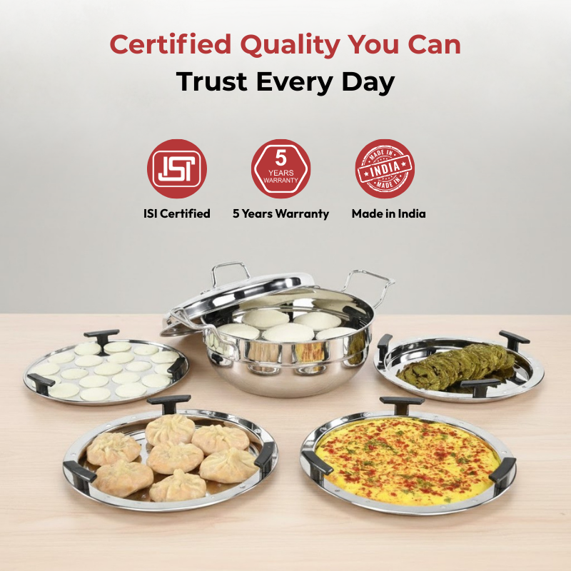 Vinod Doniv stainless steel induction bottom multi kadhai with 5 cooking plates, certification and warranty details