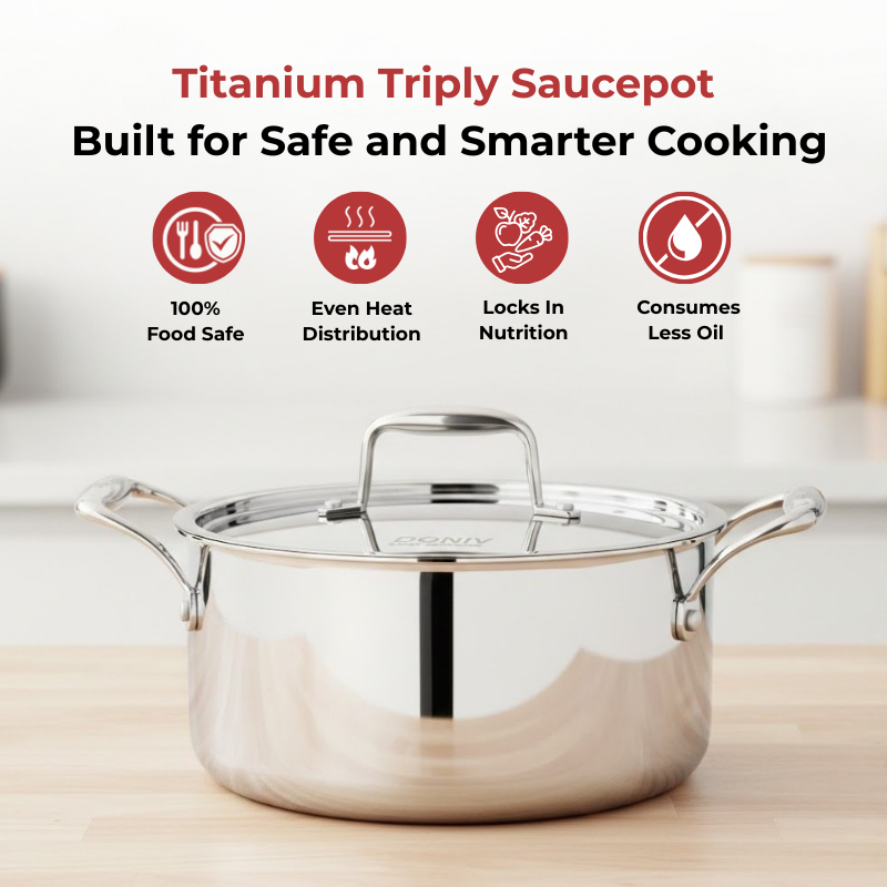 Vinod Doniv Titanium Triply Stainless Steel Sauce Pot with Cover, angled view