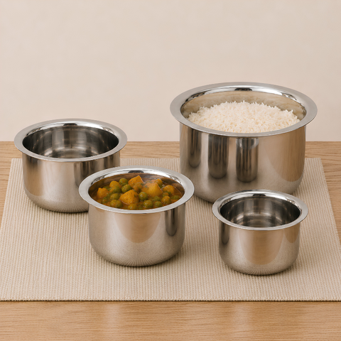Vinod Stainless Steel Induction Friendly Flat Bottom Cooking Tope With 1.5mm Thickness | 18 Gauge Durable Steel 4 Pcs | Capacity 350ml, 500ml and 750ml | No 7 to 10
