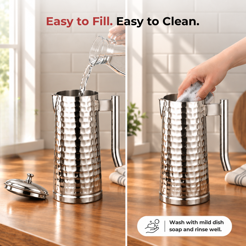 VINOD Pyramid Hammered Stainless Steel Water Jug 1750 ml with Lid – Premium Serving Jug for Dining Table & Home