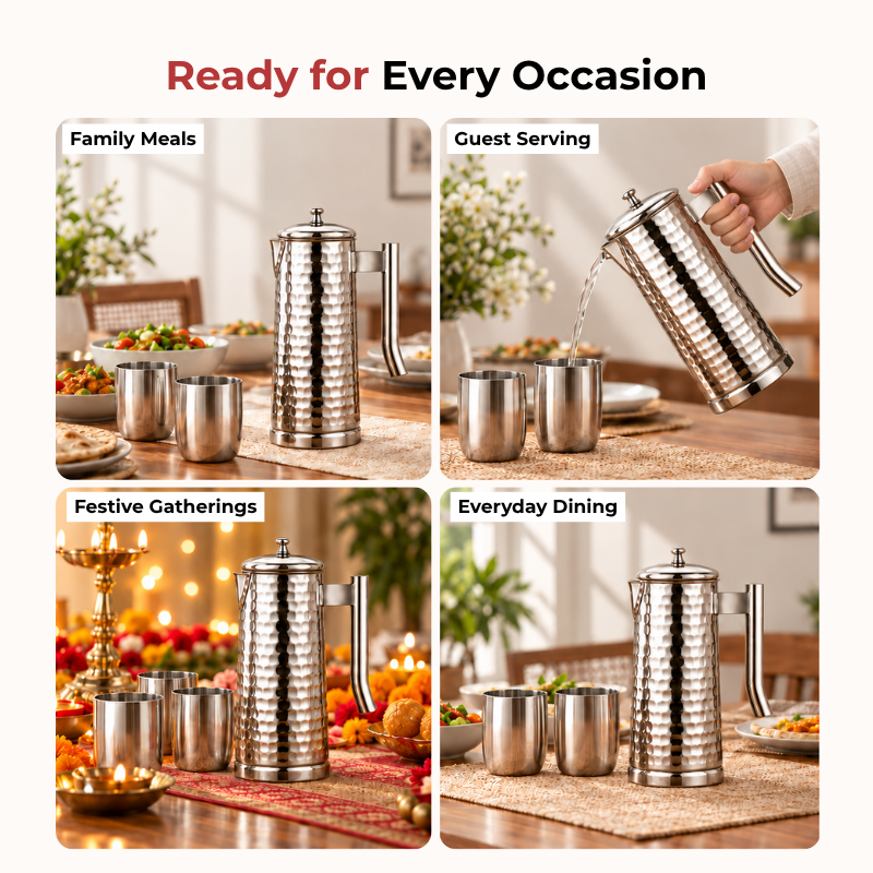 VINOD Pyramid Hammered Stainless Steel Water Jug 1750 ml with Lid – Premium Serving Jug for Dining Table & Home