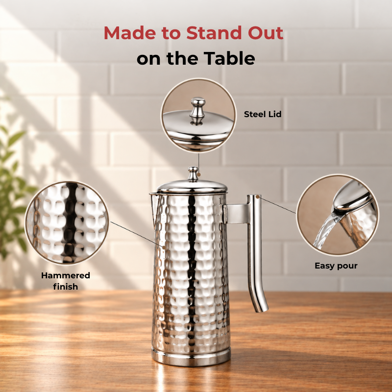 VINOD Pyramid Hammered Stainless Steel Water Jug 1750 ml with Lid – Premium Serving Jug for Dining Table & Home
