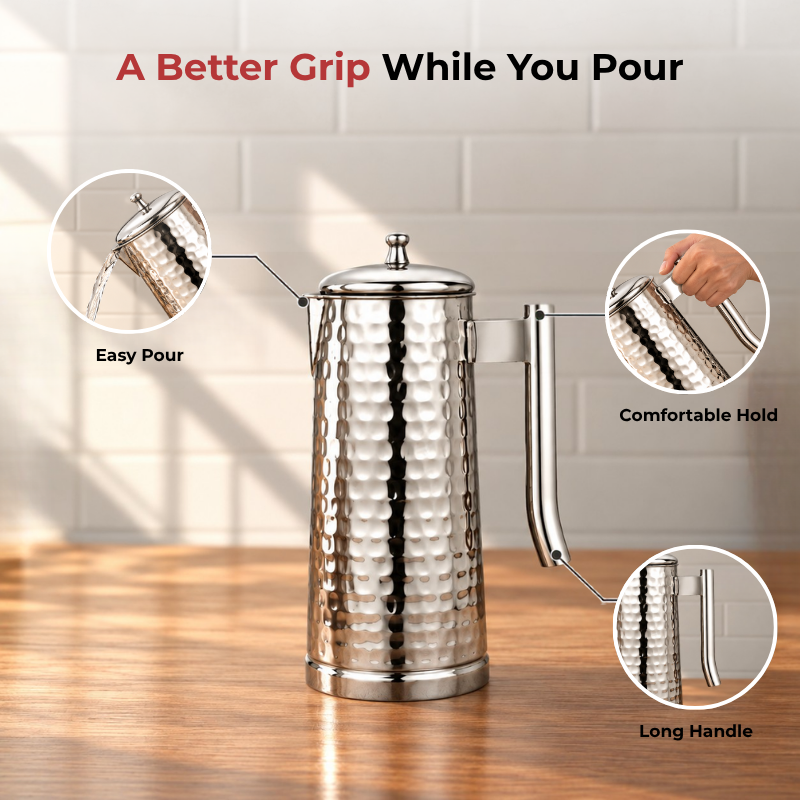 VINOD Pyramid Hammered Stainless Steel Water Jug 1750 ml with Lid – Premium Serving Jug for Dining Table & Home