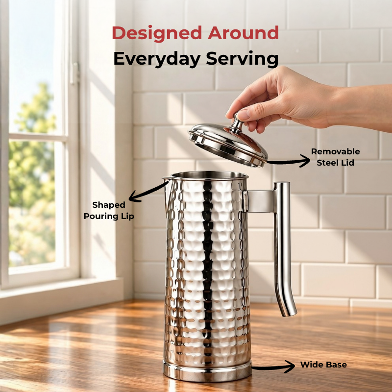 VINOD Pyramid Hammered Stainless Steel Water Jug 1750 ml with Lid – Premium Serving Jug for Dining Table & Home
