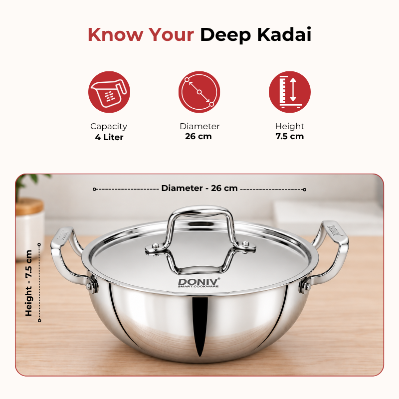 VINOD DONIV Titanium Triply Stainless Steel Deep Kadai with Lid 26 cm, 4 L – For Frying, Curries & Gravies