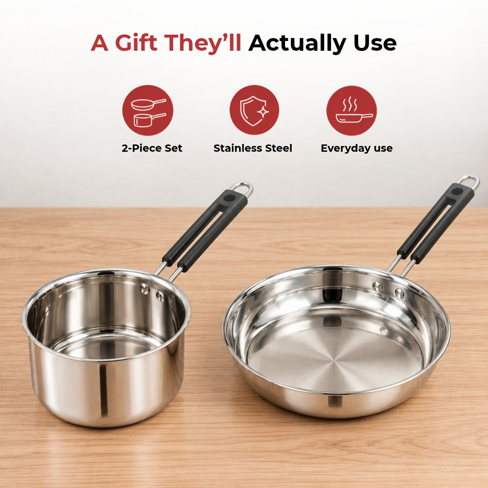 VINOD Stainless Steel Shubam 2-Piece Cookware Gift Set – Premium Sauce Pan 1300 ml (16.5 cm) & Royal Fry Pan 20 cm | Cookware for Boiling, Sautéing, Frying & Everyday Cooking