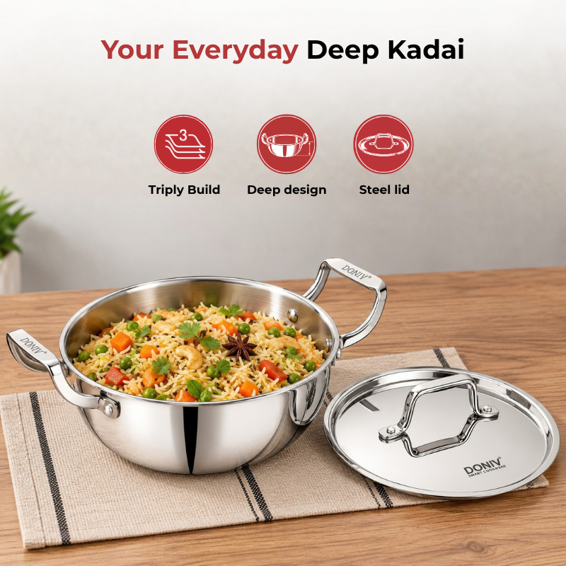 VINOD DONIV Titanium Triply Stainless Steel Deep Kadai with Lid 22 cm, 2.4 L – For Frying, Curries & Gravies