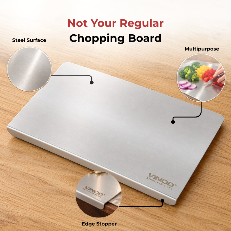 VINOD Stainless Steel Table Top Chopping Board with Counter Edge Stopper – Medium Steel Cutting Board for Chopping, Slicing, Mincing & Kneading. Steel Chopping Board for chopping vegetables, fruits & more.