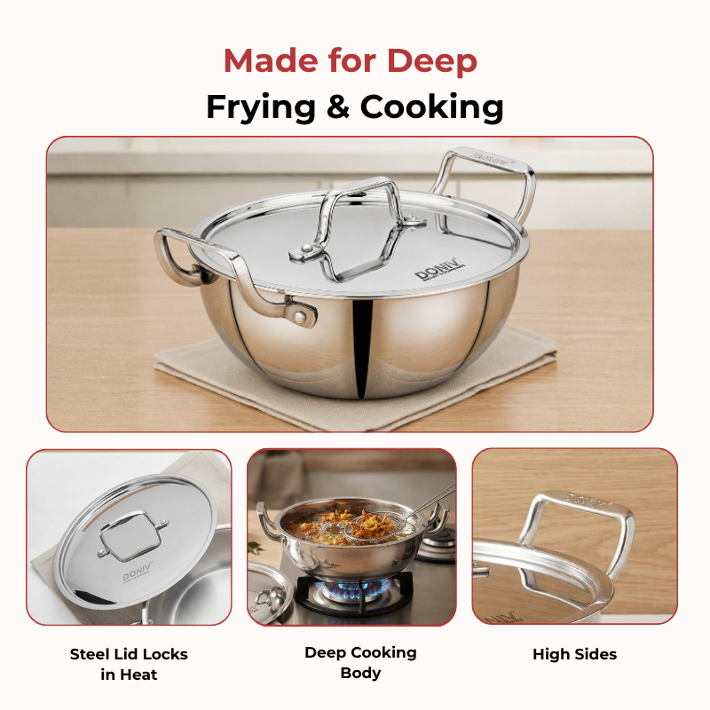 VINOD DONIV Titanium Triply Stainless Steel Deep Kadai with Lid 22 cm, 2.4 L – For Frying, Curries & Gravies