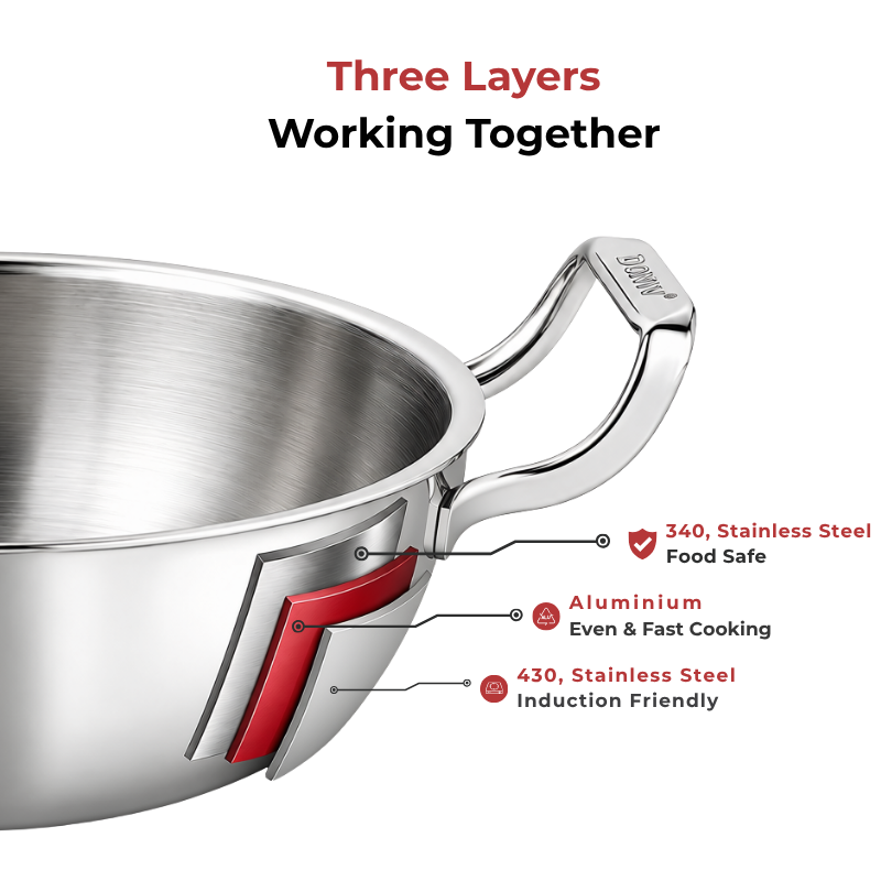 VINOD DONIV Titanium Triply Stainless Steel Deep Kadai with Lid 22 cm, 2.4 L – For Frying, Curries & Gravies
