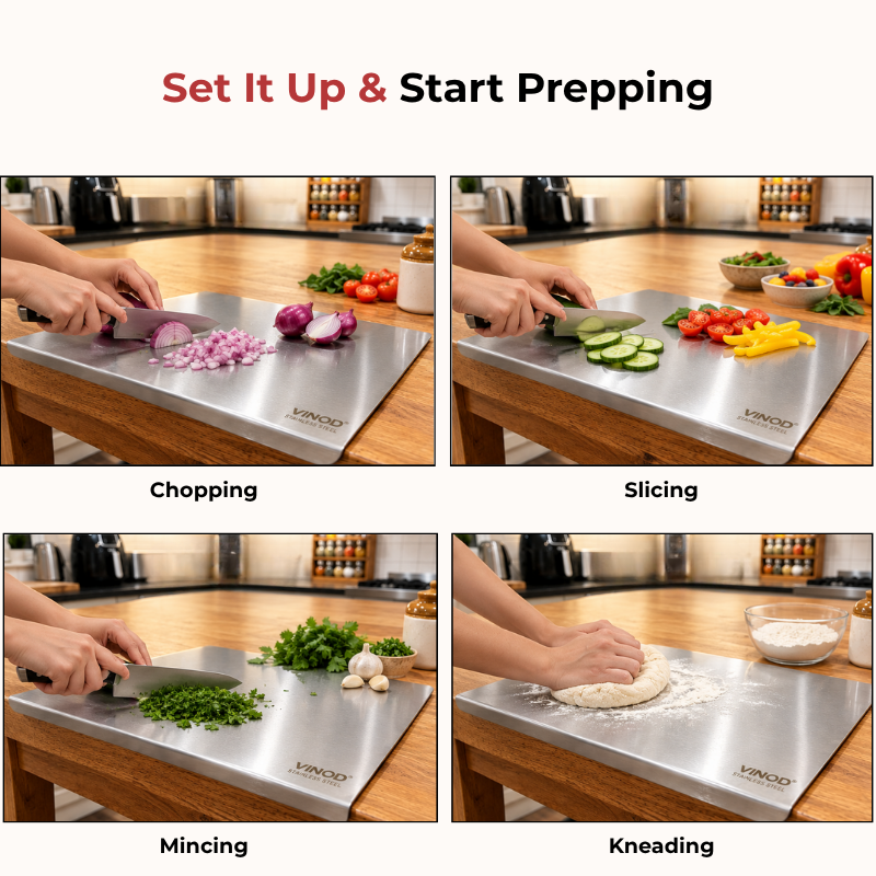 VINOD Stainless Steel Table Top Chopping Board with Counter Edge Stopper – Medium Steel Cutting Board for Chopping, Slicing, Mincing & Kneading. Steel Chopping Board for chopping vegetables, fruits & more.