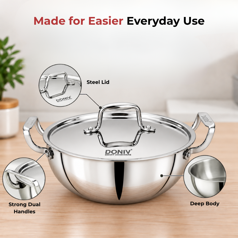 VINOD DONIV Titanium Triply Stainless Steel Deep Kadai with Lid 22 cm, 2.4 L – For Frying, Curries & Gravies
