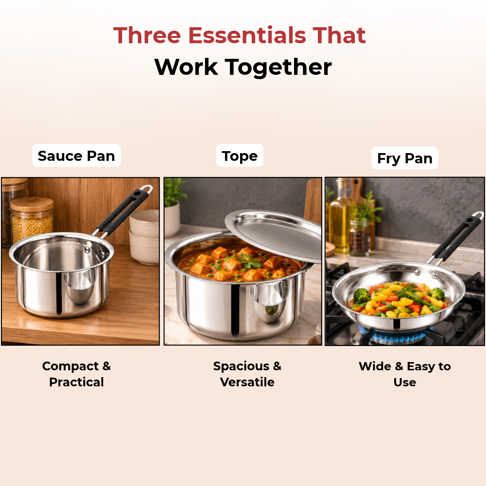 VINOD Stainless Steel Shubam 4-Piece Cookware Gift Set – Premium Sauce Pan 16.5 cm, Royal Fry Pan 20 cm & Flat Bottom Tope with Lid 20 cm | Cookware for Boiling, Frying, Sautéing, Cooking & Everyday Use