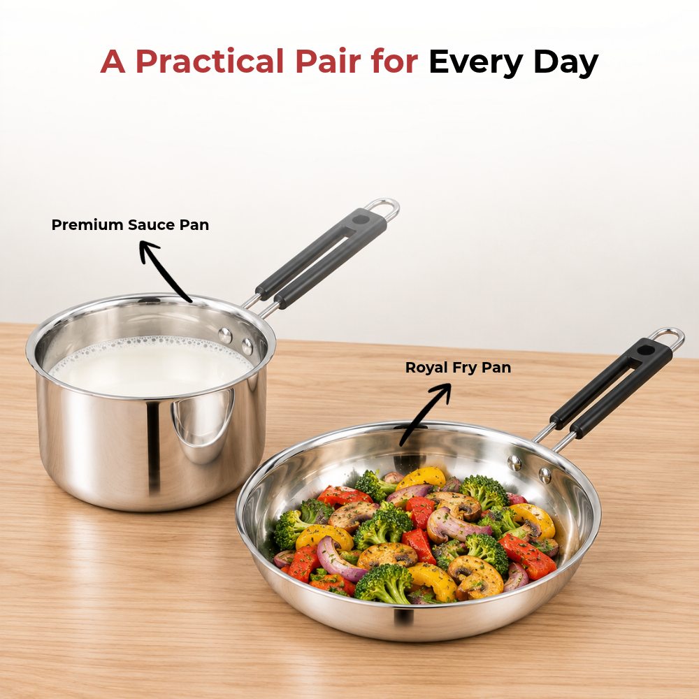 VINOD Stainless Steel Shubam 2-Piece Cookware Gift Set – Premium Sauce Pan 1300 ml (16.5 cm) & Royal Fry Pan 20 cm | Cookware for Boiling, Sautéing, Frying & Everyday Cooking
