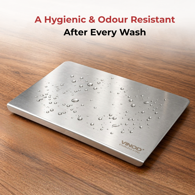 VINOD Stainless Steel Table Top Chopping Board with Counter Edge Stopper – Medium Steel Cutting Board for Chopping, Slicing, Mincing & Kneading. Steel Chopping Board for chopping vegetables, fruits & more.
