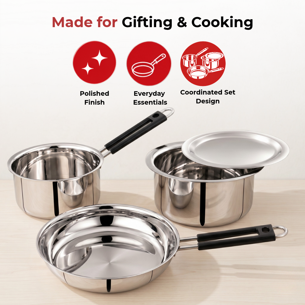VINOD Stainless Steel Shubam 4-Piece Cookware Gift Set – Premium Sauce Pan 16.5 cm, Royal Fry Pan 20 cm & Flat Bottom Tope with Lid 20 cm | Cookware for Boiling, Frying, Sautéing, Cooking & Everyday Use