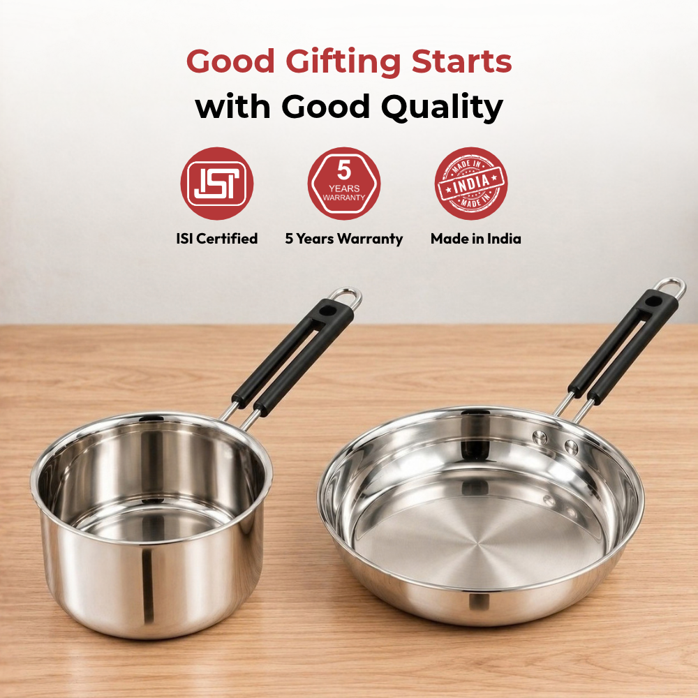VINOD Stainless Steel Shubam 2-Piece Cookware Gift Set – Premium Sauce Pan 1300 ml (16.5 cm) & Royal Fry Pan 20 cm | Cookware for Boiling, Sautéing, Frying & Everyday Cooking