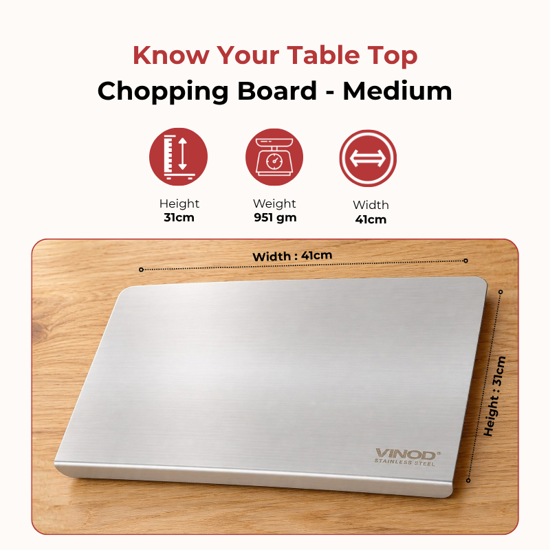 VINOD Stainless Steel Table Top Chopping Board with Counter Edge Stopper – Medium Steel Cutting Board for Chopping, Slicing, Mincing & Kneading. Steel Chopping Board for chopping vegetables, fruits & more.