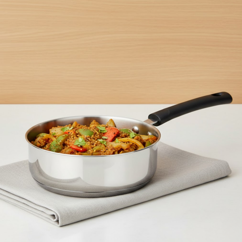 Vinod Doniv stainless steel sandwich bottom solitaire fry pan, 22 cm, capacity 2.2 litre, front view