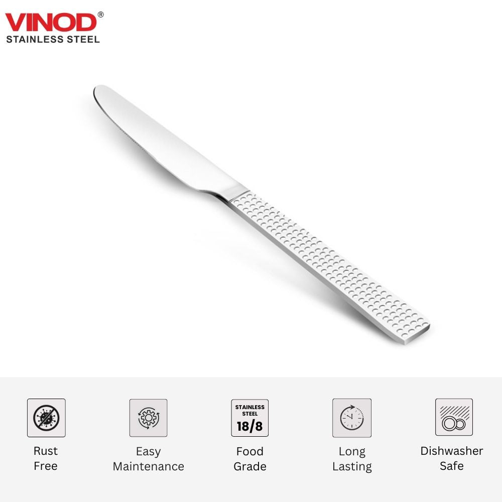 Vinod Aero hammered stainless steel dessert knife set of 6, mirror finish, feature overview