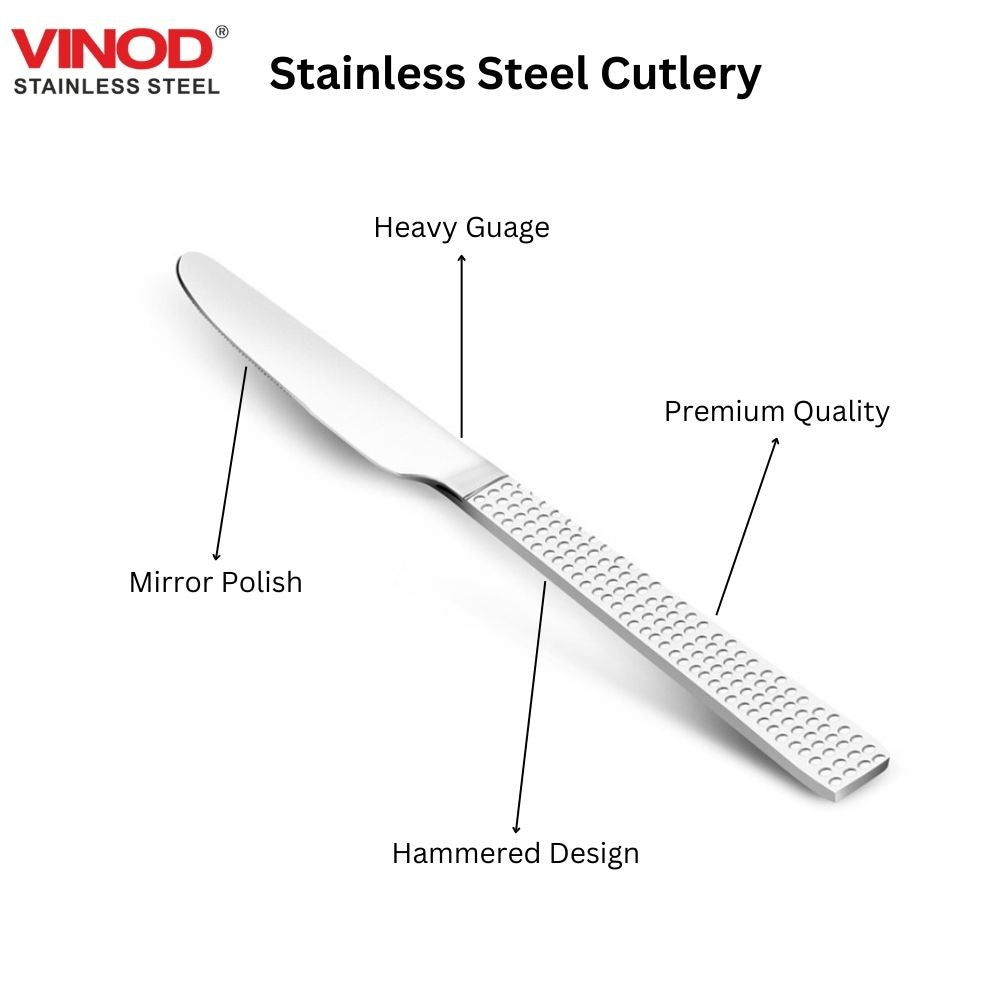 Vinod Aero hammered stainless steel dessert knife set of 6, mirror finish, angled view