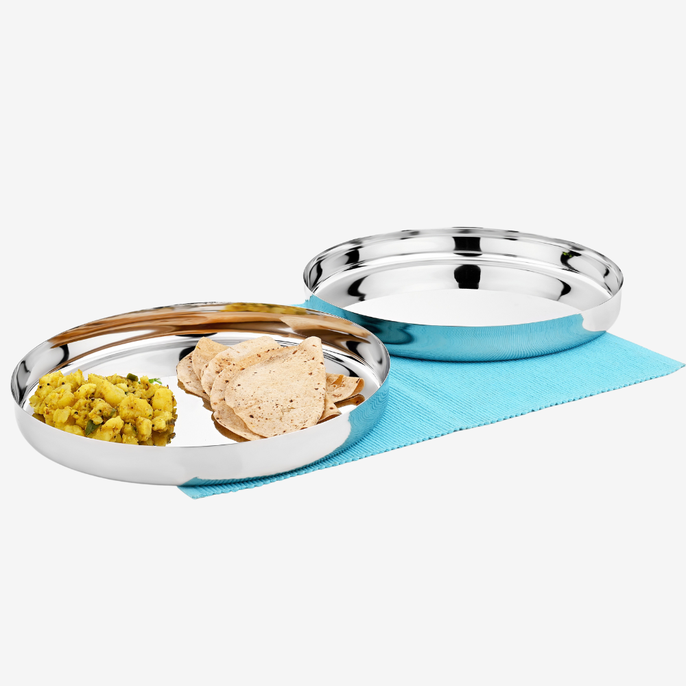 Vinod stainless steel beeding khumcha thali set of 2, 24 cm, mirror finish, side view